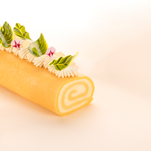 Chocolate leaves on a Swiss roll