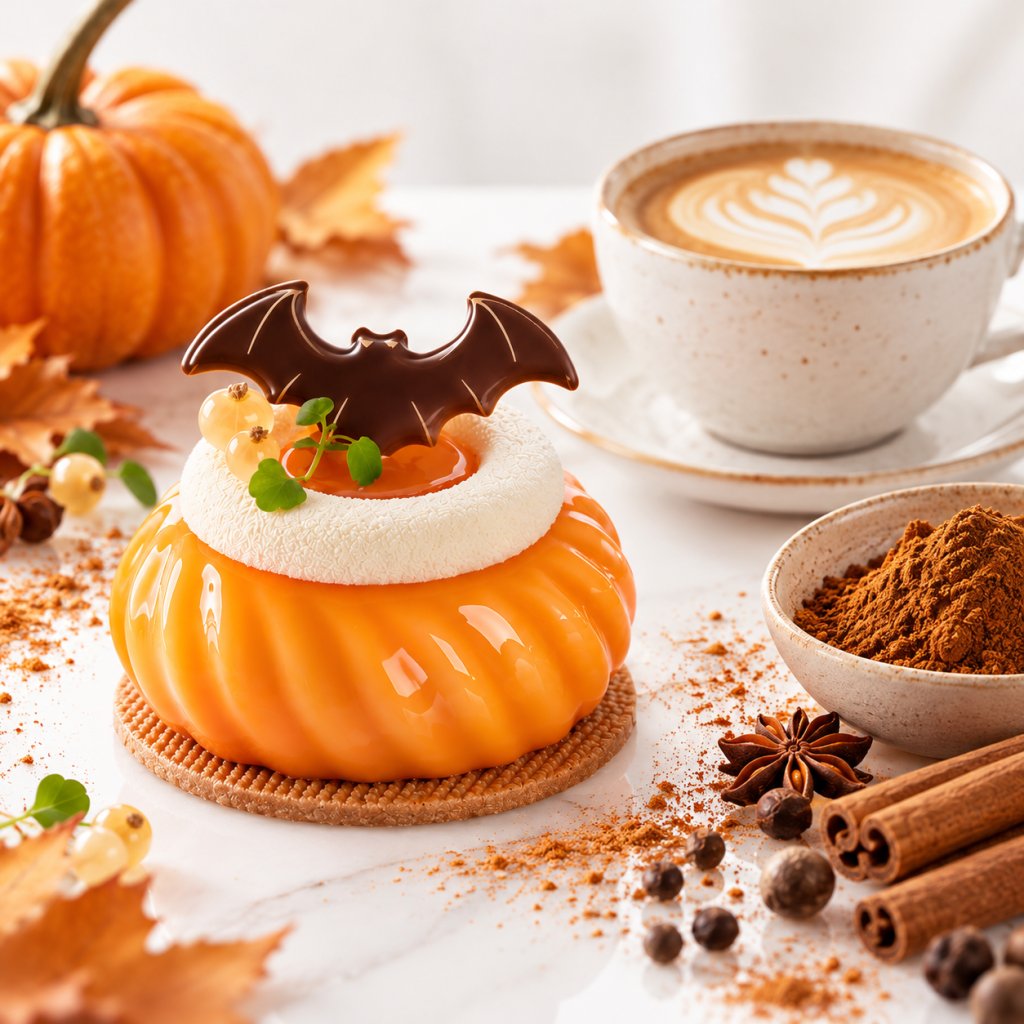 Jesienny deser dyniowy z czekoladowym nietoperzem w otoczeniu przypraw pumpkin spice, cynamonu, dyni i aromatycznej kawy.