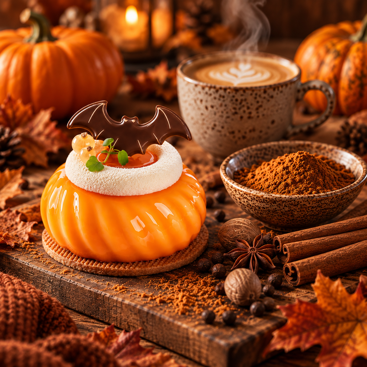 Jesienny deser dyniowy z czekoladowym nietoperzem w otoczeniu przypraw pumpkin spice, cynamonu, dyni i aromatycznej kawy.